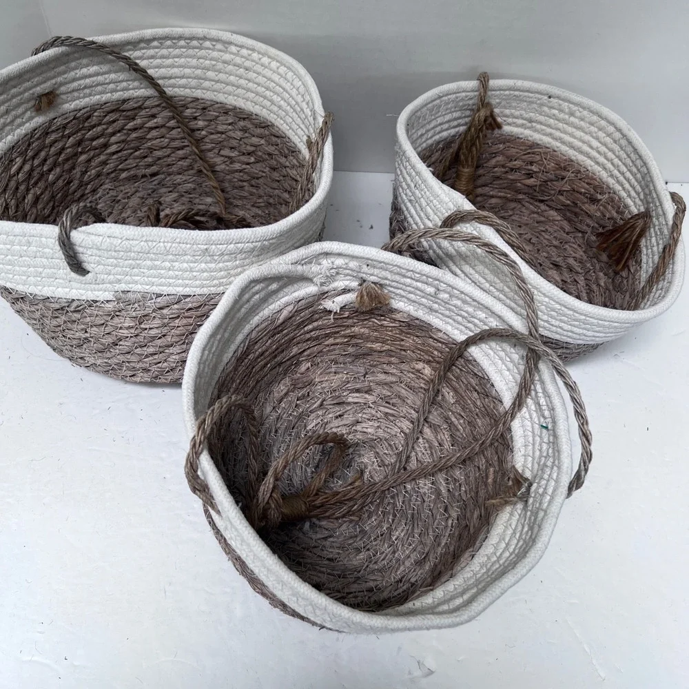 Set of 3 Woven Hanging Baskets White Brown Cotton‎ Rope Seagrass Boho Decor READ